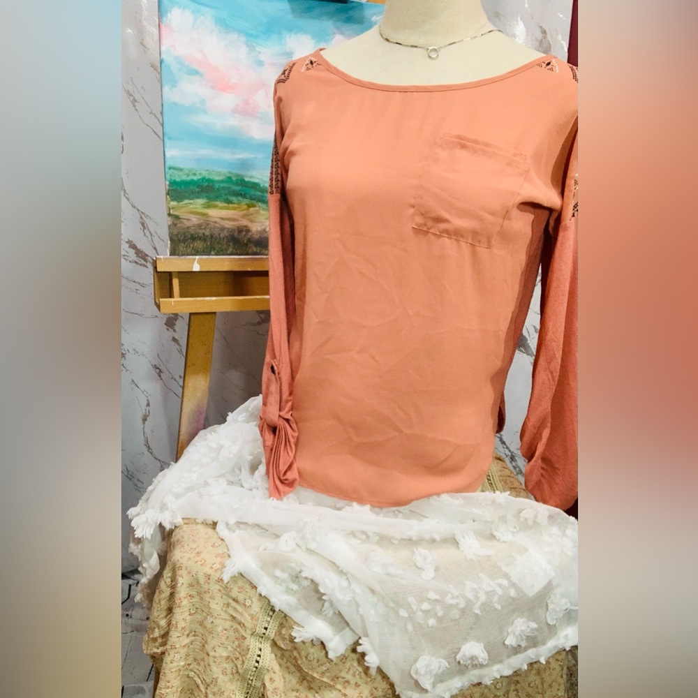 Daytrip Peach Button-Down Pocket Top with Sleeve Tie